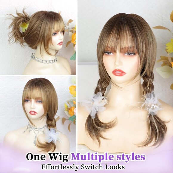 Light Brown Wig with Bangs for Women, Brown Mixed Blonde Layered Curly Wavy Wigs - Picture 8 of 9